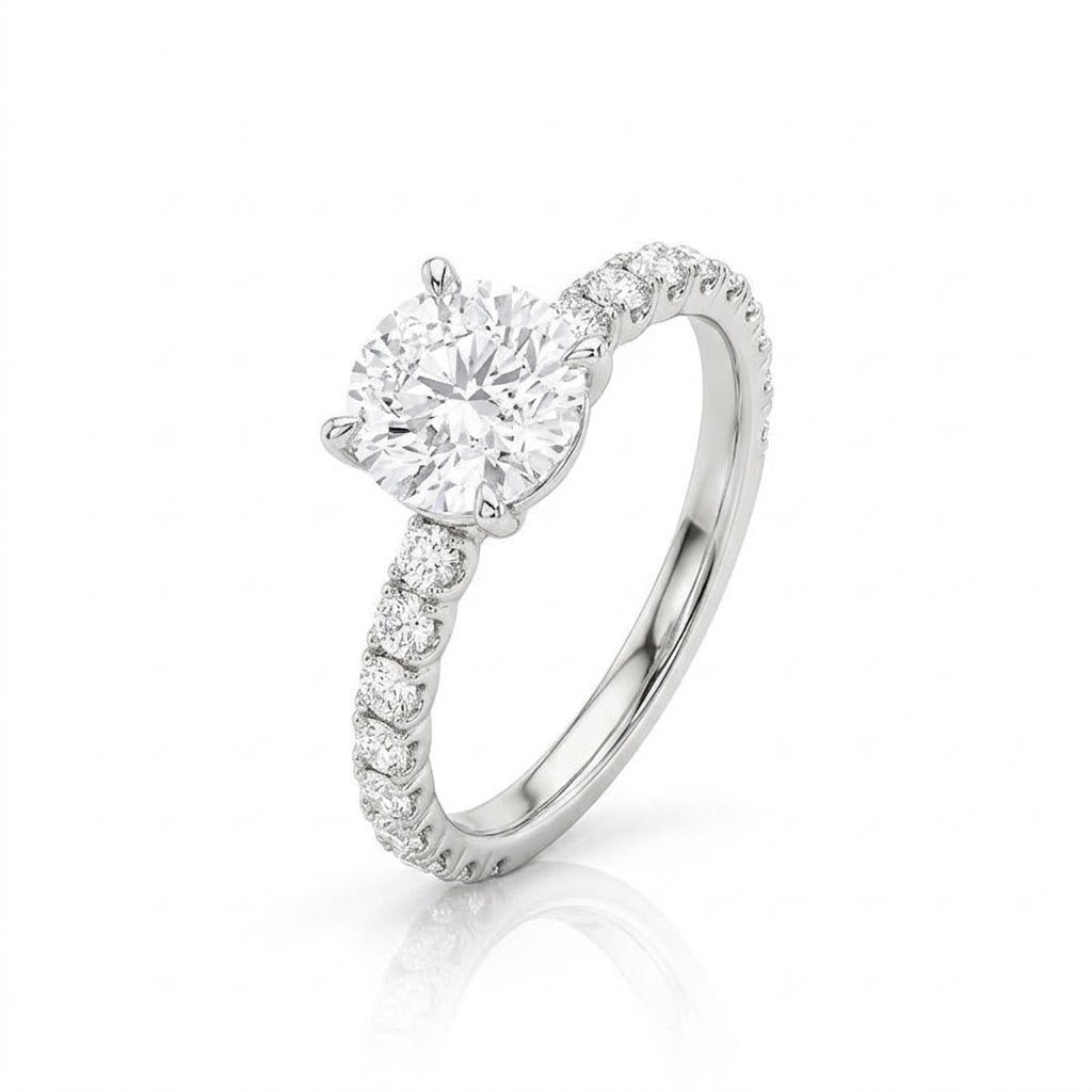 14K WHITE GOLD 3.50 CARAT CENTER ROUND LAB DIAMOND ENGAGEMENT RING WITH ROUND LAB DIAMONDS ON THE BAND 
