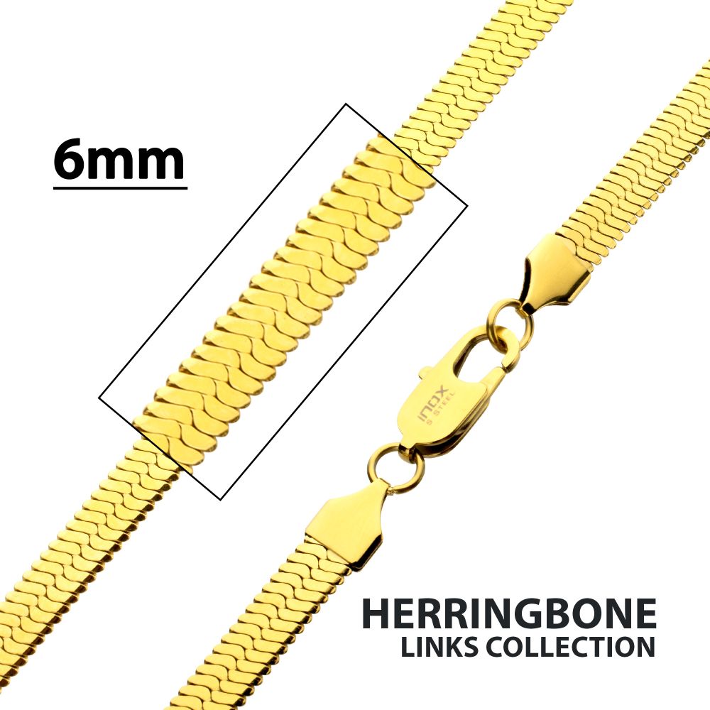 22 Inch length and 6mm width Stainless Steel 18K Yellow Gold IP Herringbone Chain Necklace