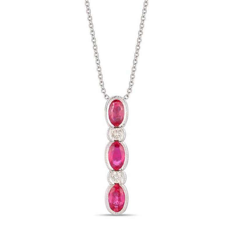 Le Vian® 14K Vanilla Gold® Passion Ruby® & Vanilla Diamond® Pendant This elegant Le Vian® pendant features a vertical trio of vivid 3/4 cts. Passion Ruby® in beautifully faceted oval cuts