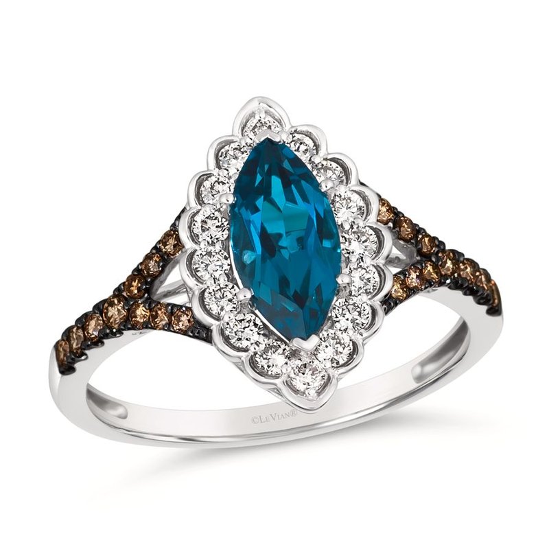 Le Vian® 14K Vanilla Gold® Deep Sea Blue Topaz™ & Chocolate/Nude Diamond® Ring (1.45ctw) Bold color meets elegant sparkle in this stunning Le Vian® ring featuring a vibrant 1 ct. Deep Sea Blue Topaz™ in an elongated marquise cut