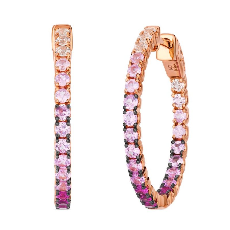 Le Vian Ombre® Strawberry Sapphire & Vanilla Sapphire Hoop Earrings in 14K Strawberry Gold® Bright, feminine, and irresistibly modern—these Le Vian Ombre® hoop earrings showcase 1 1/2 cts. Strawberry Ombré® Sapphires, artfully arranged in a gorgeous gradient from deep berry hues to soft blush pink
