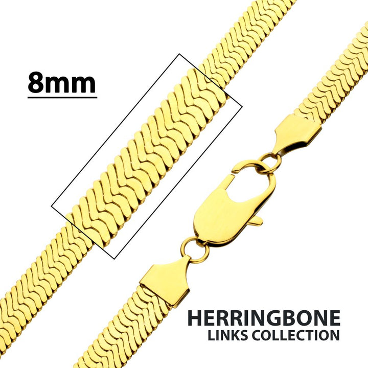 Herringbone Chain Necklace | Stainless Steel 18K Yellow Gold IP | 8mm | 22 Inch | High Polish | NSTC2608GP-22 - Brownee Jewelers