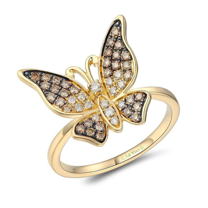 Le Vian® 14K Honey Gold™ Chocolate Ombré® Diamond Butterfly Ring (3/8ctw) Whimsical, radiant, and full of signature Le Vian® artistry—this stunning butterfly ring features 3/8 cts. of Chocolate Ombré® Diamonds gracefully fading from deep mocha to soft champagne tones