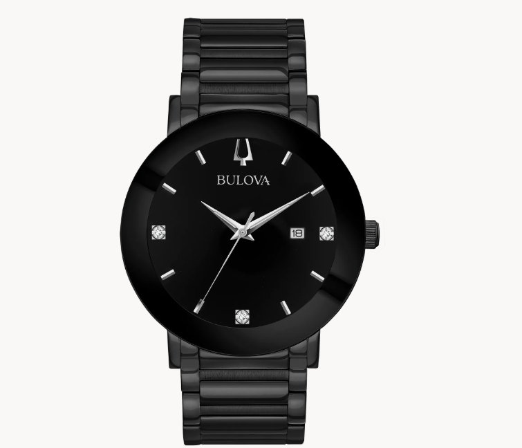 In black IP stainless steel with three diamonds on black dial, three-hand date feature, metalized edge-to-edge curved crystal, screw-back case, black IP stainless steel bracelet with deployment closure.