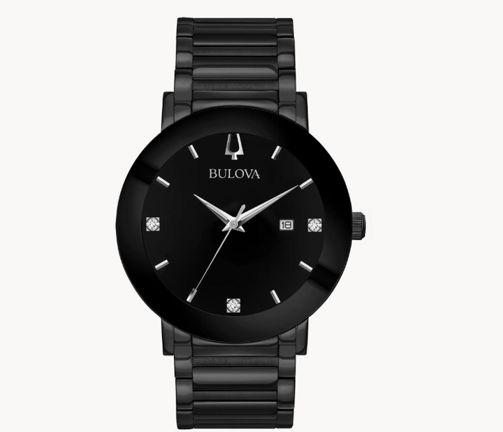 In black IP stainless steel with three diamonds on black dial, three-hand date feature, metalized edge-to-edge curved crystal, screw-back case, black IP stainless steel bracelet with deployment closure.