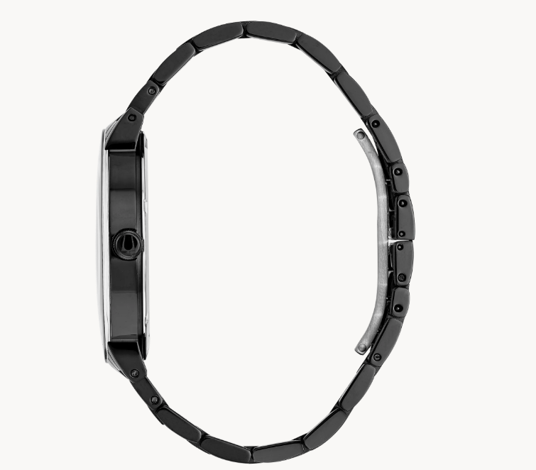 In black IP stainless steel with three diamonds on black dial, three-hand date feature, metalized edge-to-edge curved crystal, screw-back case, black IP stainless steel bracelet with deployment closure.