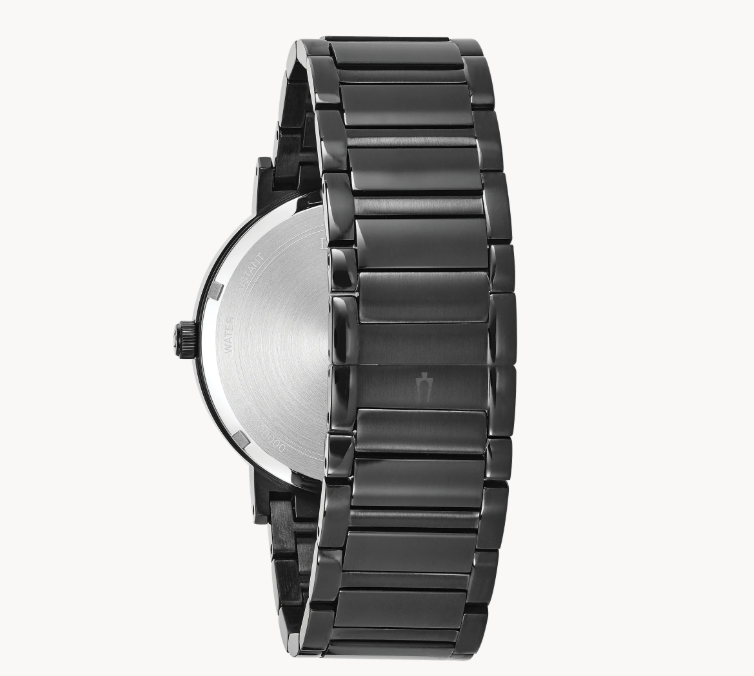 In black IP stainless steel with three diamonds on black dial, three-hand date feature, metalized edge-to-edge curved crystal, screw-back case, black IP stainless steel bracelet with deployment closure.
