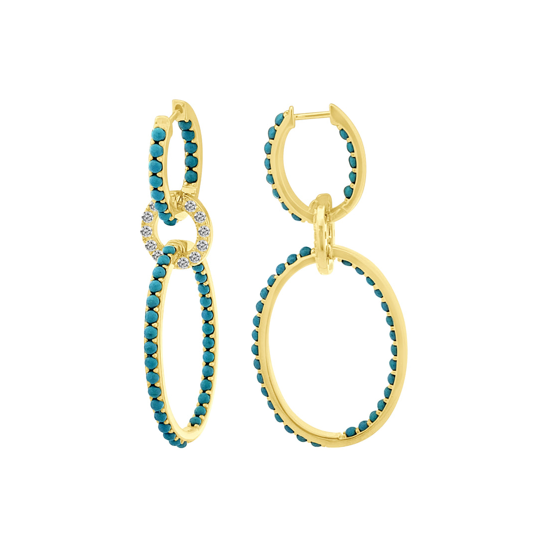Turquoise & Diamond Oval Link Dangle Earrings | 14K Yellow Gold | Earrings | 3.17 CT Turquoise | 0.78 CT Diamonds | Pavé In & Out Oval Links - Brownee Jewelers