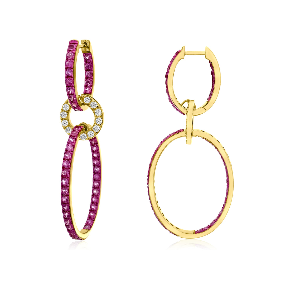 Pink Sapphire & Diamond Oval Link Dangle Earrings | 14K Yellow Gold | 3.56 CT Pink Sapphire