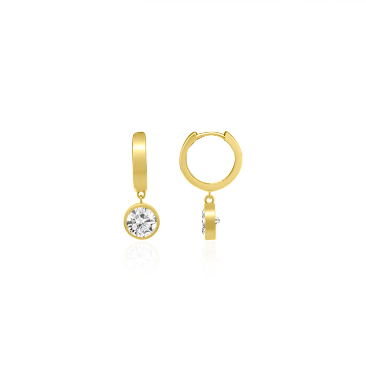 Round Lab-Grown Diamond Dangle Earrings | 14K Yellow Gold | 1.77 cttw Lab-Grown Diamonds | Bezel Set Huggie Drop Earrings - Brownee Jewelers