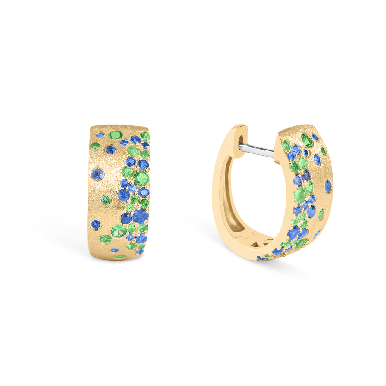 14kt yellow gold medium huggies with green and blue gems 