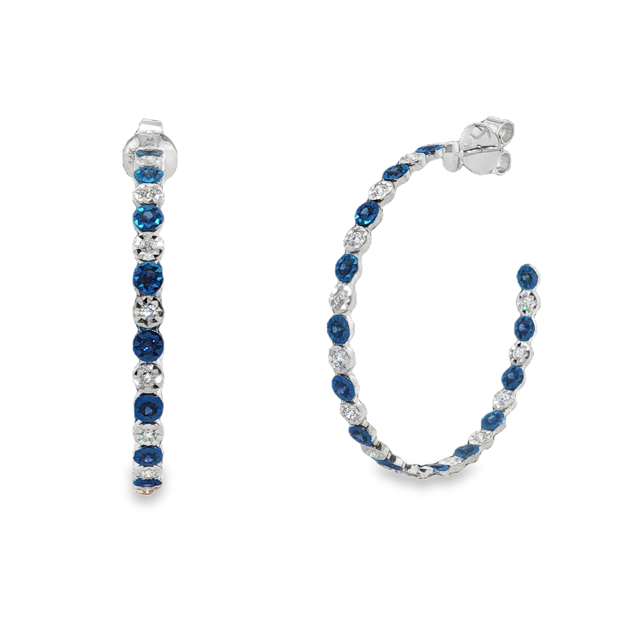 .59 Carats Round Blue Sapphire and .50 Carats Round Diamonds Hoop Earrings in 14kt White Gold