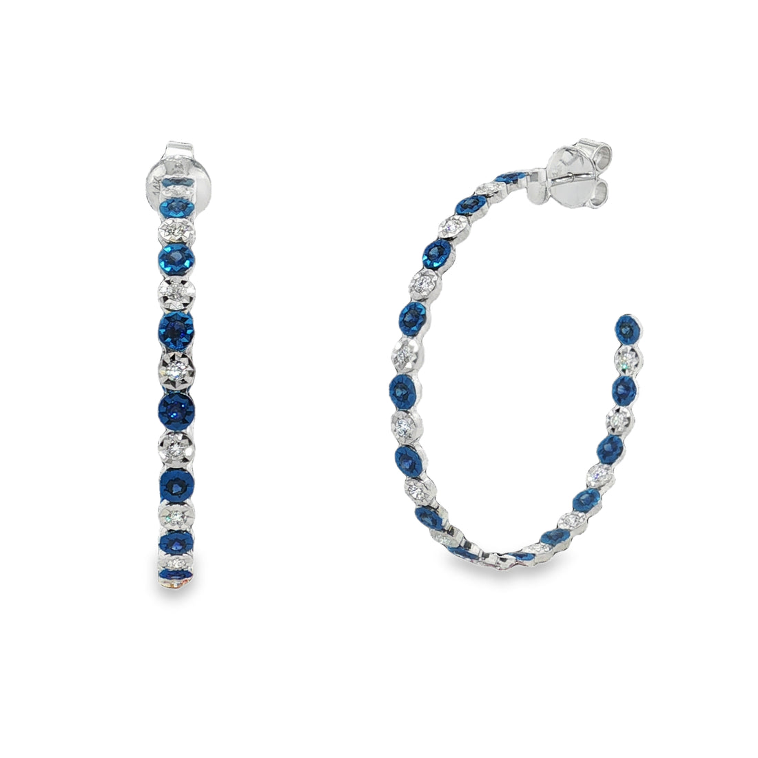 .59 Carats Round Blue Sapphire and .50 Carats Round Diamonds Hoop Earrings in 14kt White Gold