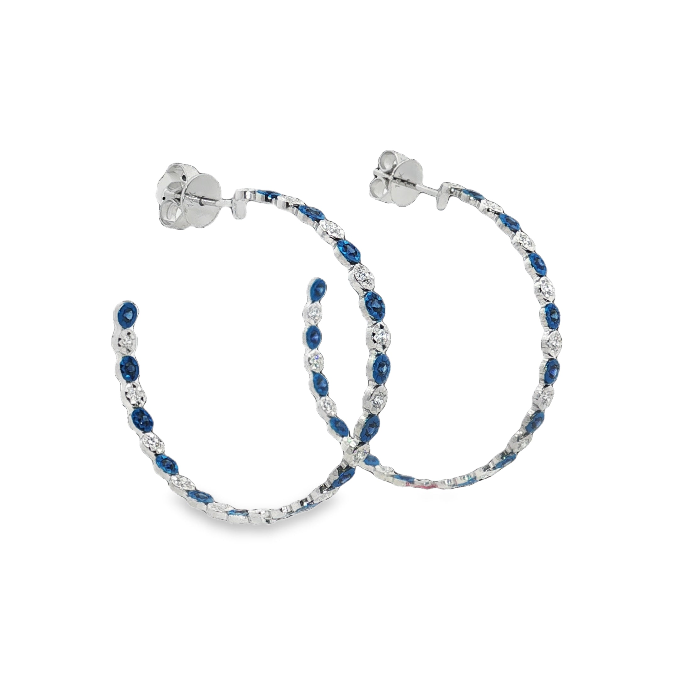 .59 Carats Round Blue Sapphire and .50 Carats Round Diamonds Hoop Earrings in 14kt White Gold