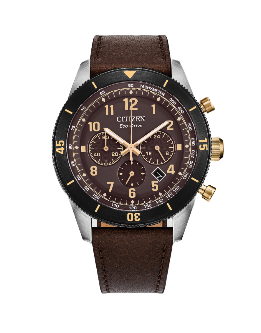 Citizen Terra Force Eco-Drive Chronograph Watch with 42 millimeter Stainless Steel Case, Mineral Crystal, Brown Dial and Leather Strap