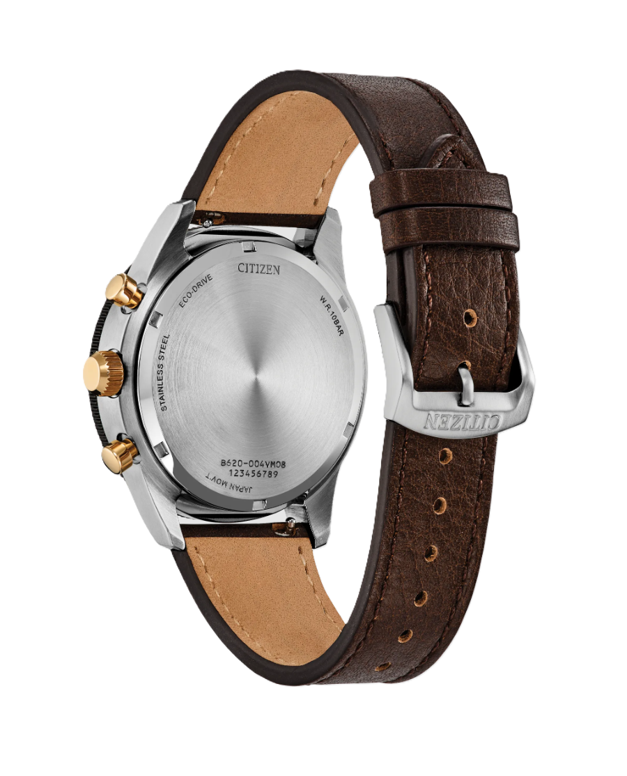 Citizen Terra Force Eco-Drive Chronograph Watch with 42 millimeter Stainless Steel Case, Mineral Crystal, Brown Dial and Leather Strap