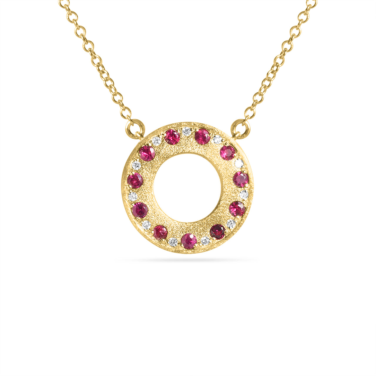 14kt yellow gold disc pendant with rubies and diamonds 