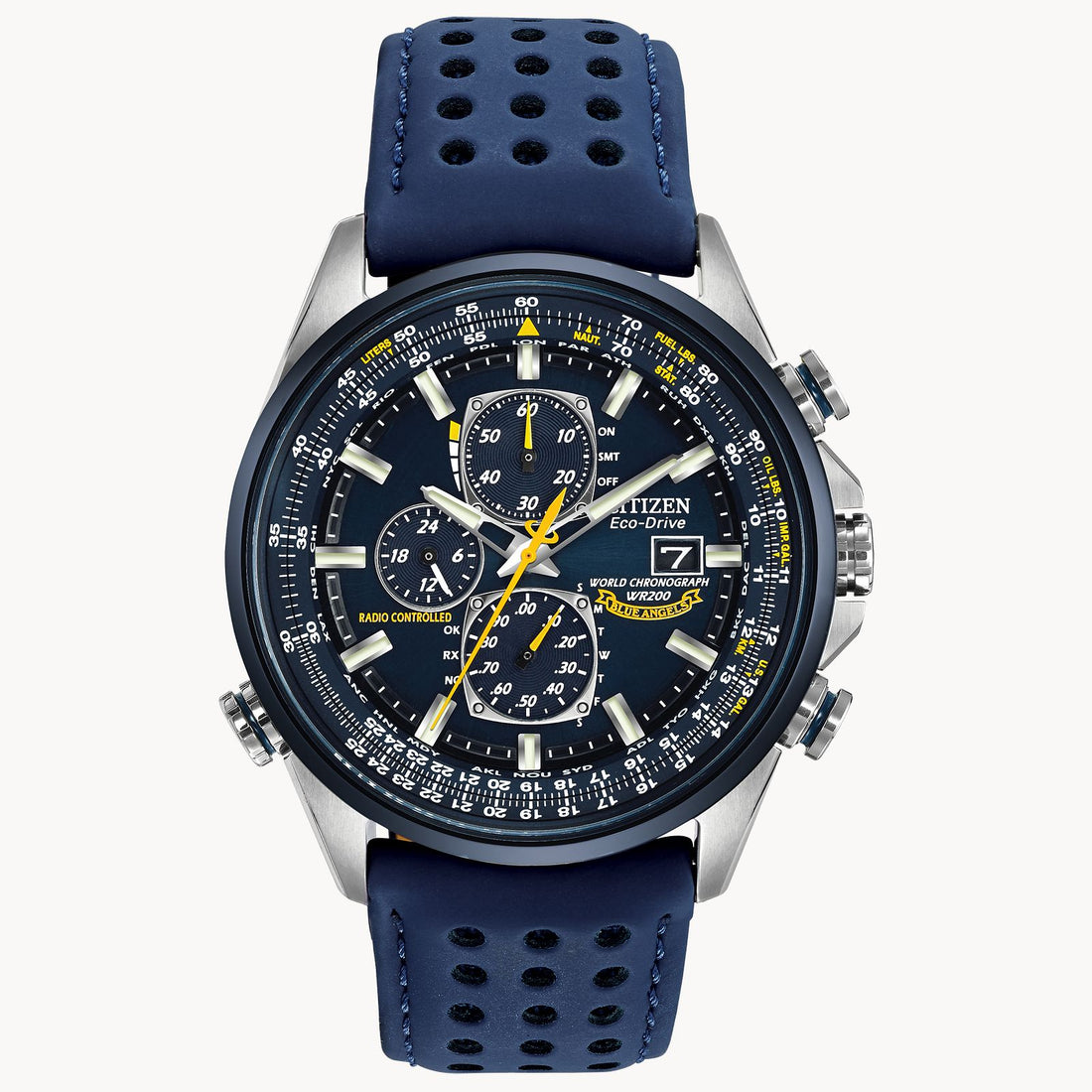 Citizen Eco-Drive Radio-Controlled Chronograph World Timer; Blue Angels edition with caseback insignia.