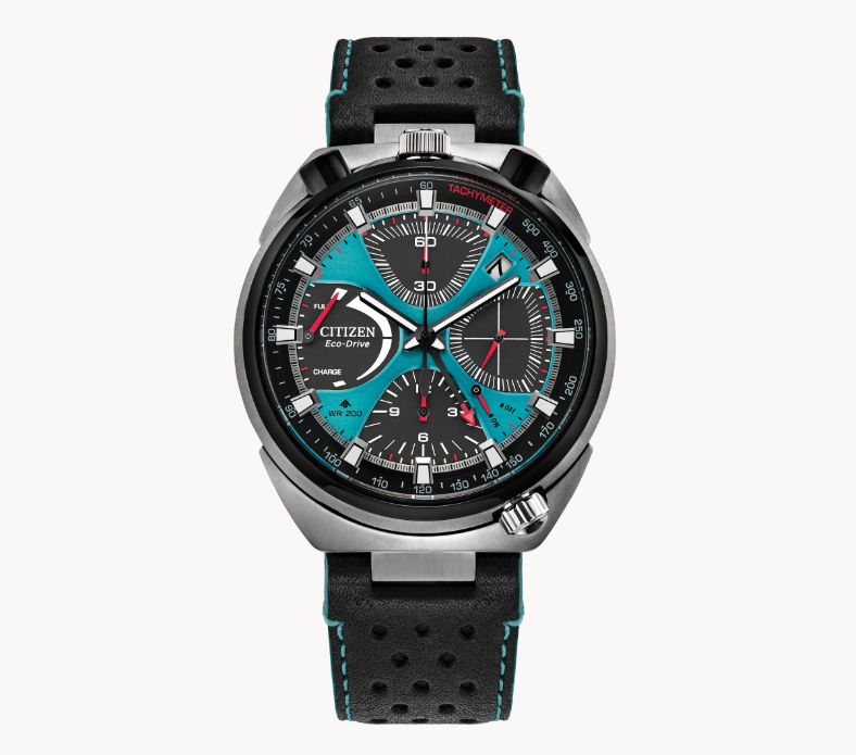 Citizen Promaster Tsuno Chrono Racer | Eco-Drive Watch | Silver-Tone Stainless Steel | Light Blue Dial | Black Leather Strap | Chronograph | AV0106-1L - Brownee Jewelers