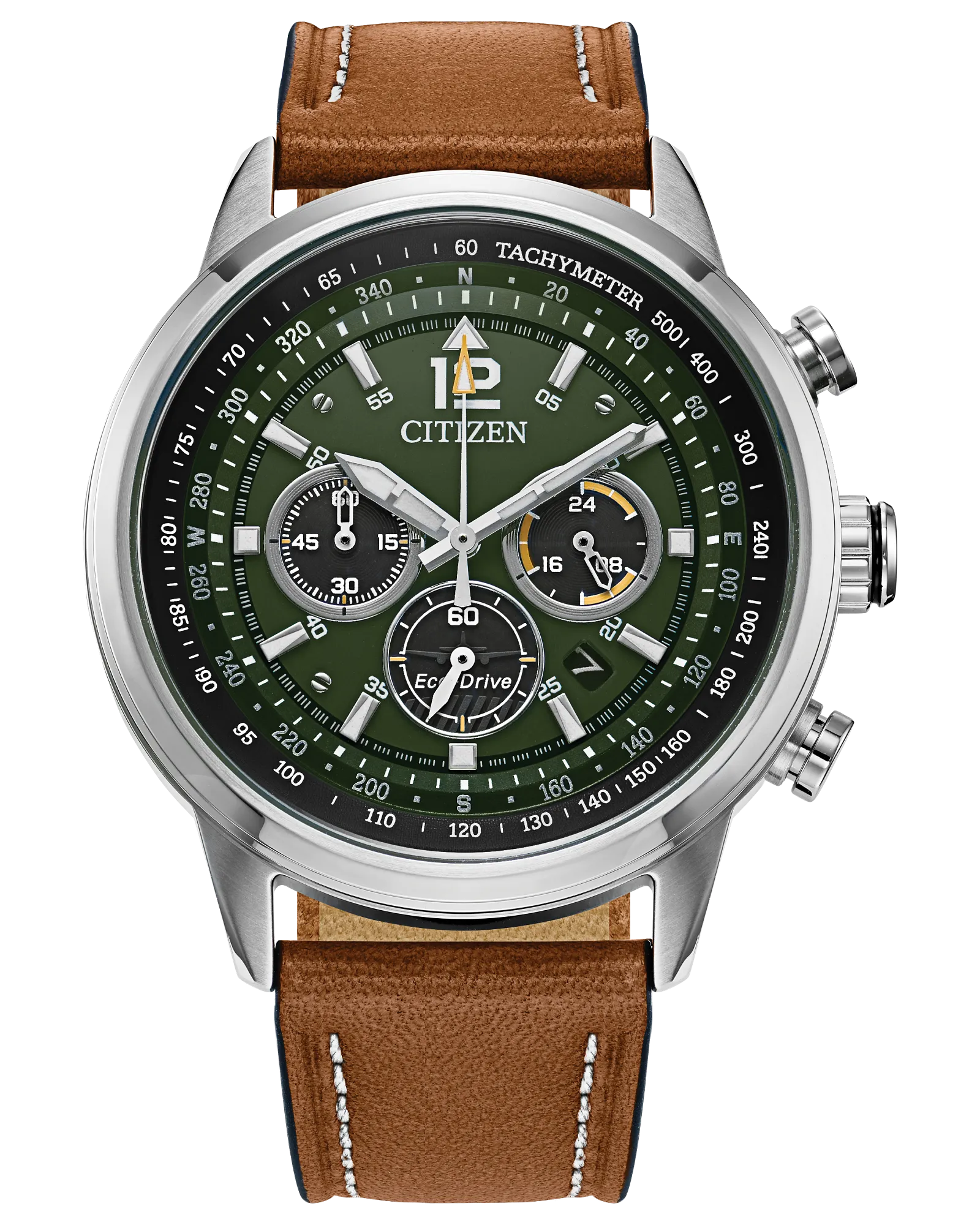 Citizen Avion | Eco-Drive Chronograph Watch | Stainless Steel | Green Dial | Leather Strap | Tachymeter Sport Design - Brownee Jewelers