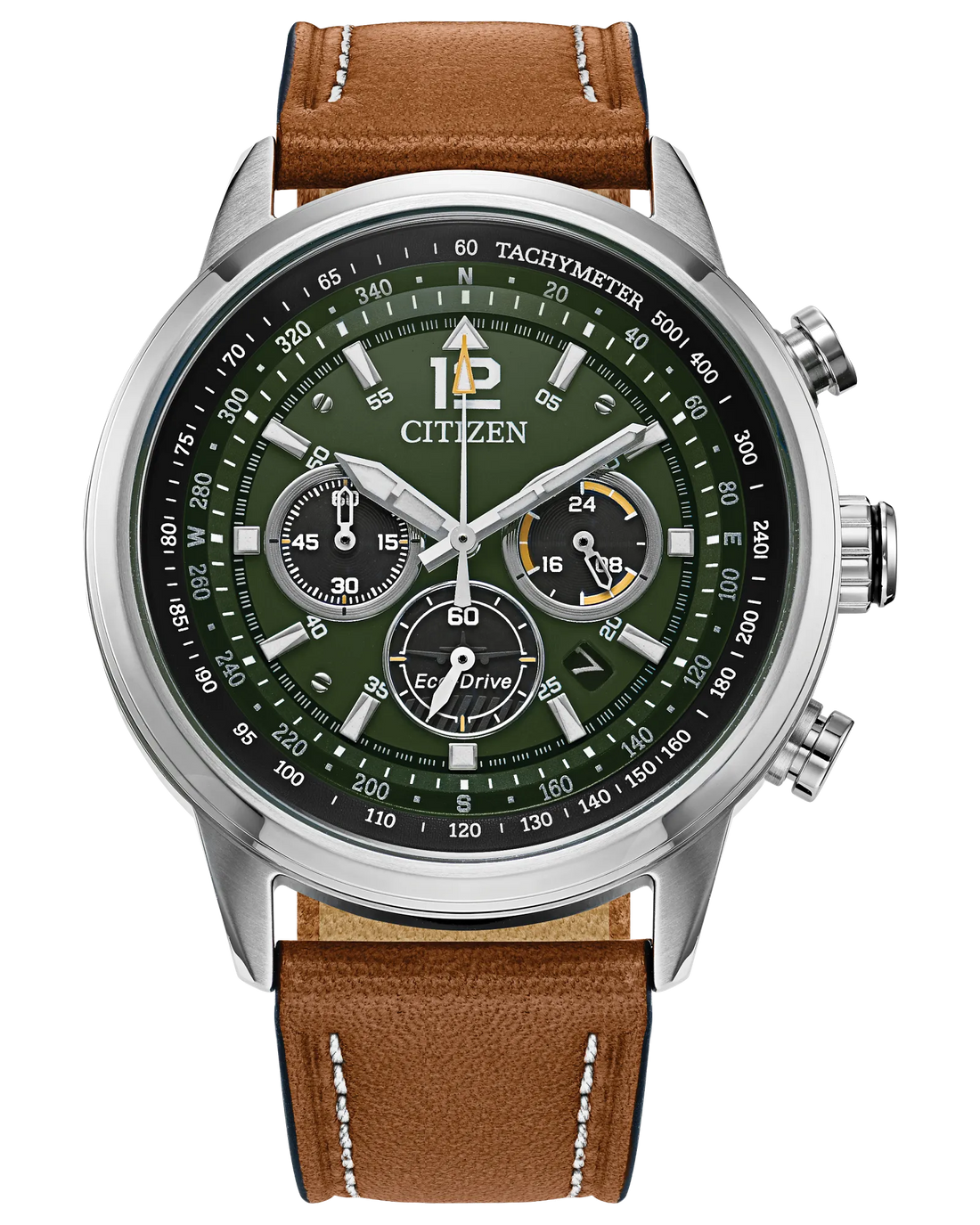 Citizen Avion | Eco-Drive Chronograph Watch | Stainless Steel | Green Dial | Leather Strap | Tachymeter Sport Design - Brownee Jewelers
