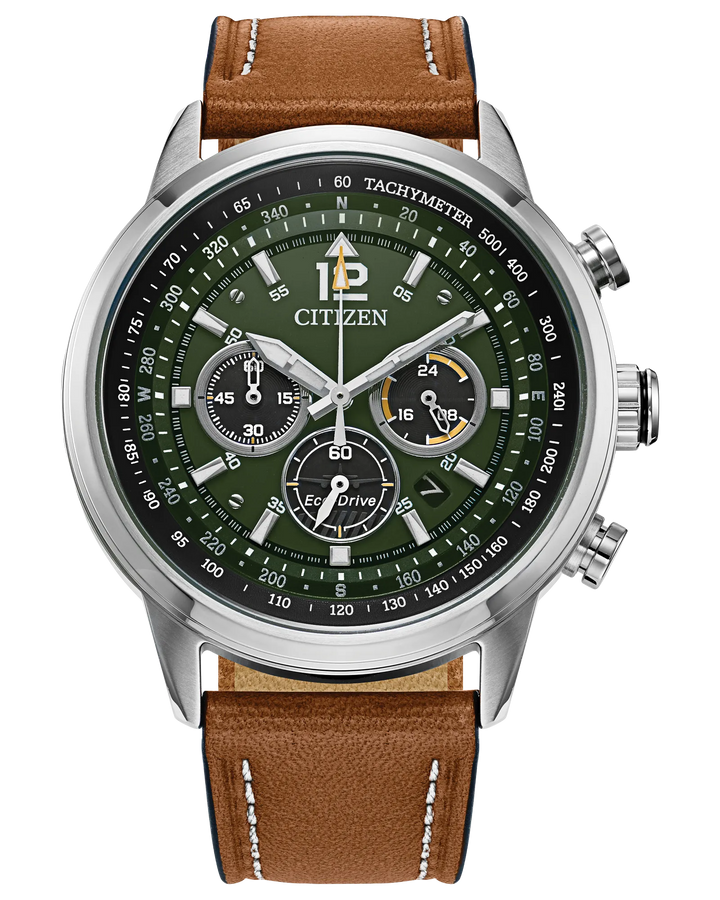Citizen Avion | Eco-Drive Chronograph Watch | Stainless Steel | Green Dial | Leather Strap | Tachymeter Sport Design - Brownee Jewelers