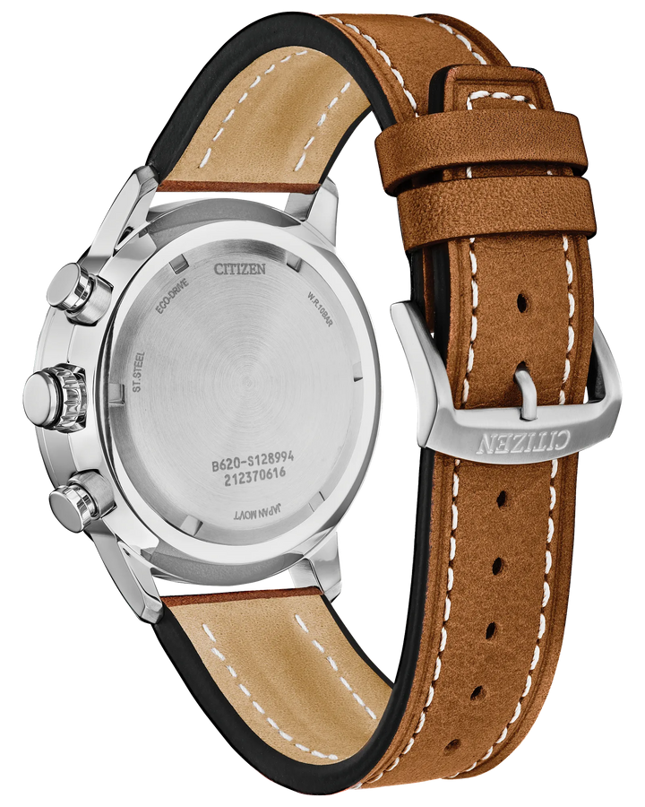 Citizen Avion | Eco-Drive Chronograph Watch | Stainless Steel | Green Dial | Leather Strap | Tachymeter Sport Design - Brownee Jewelers