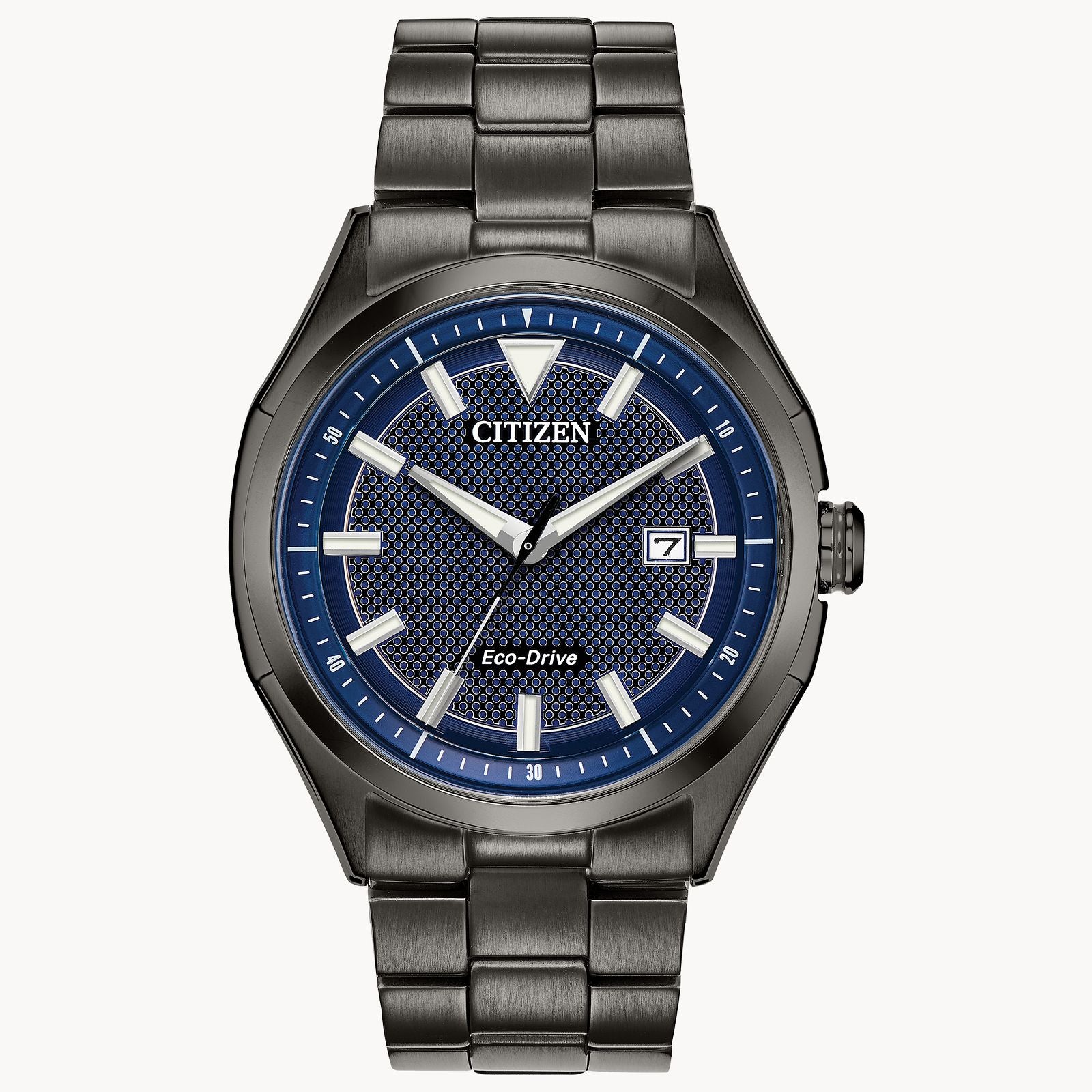 An edgy structure in a classic setting, this Drive from Citizen WDR watch features a deep gray ion-plated stainless steel case and bracelet with a denim blue dial and date
