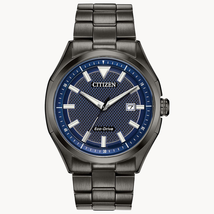 An edgy structure in a classic setting, this Drive from Citizen WDR watch features a deep gray ion-plated stainless steel case and bracelet with a denim blue dial and date