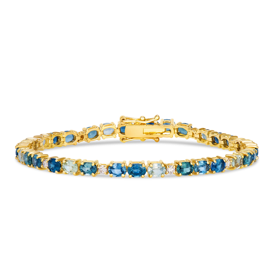 8.25 TOTAL CARAT WEIGHT MONTANA SAPPHIRES AND .40 TOTAL CARAT WEIGHT DIAMOND TENNIS BRACELET IN 14K YELLOW GOLD