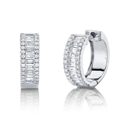 Baguette Diamond Huggie Earrings | 14K White Gold | 0.49 ctw Baguette & Round Diamonds - Brownee Jewelers