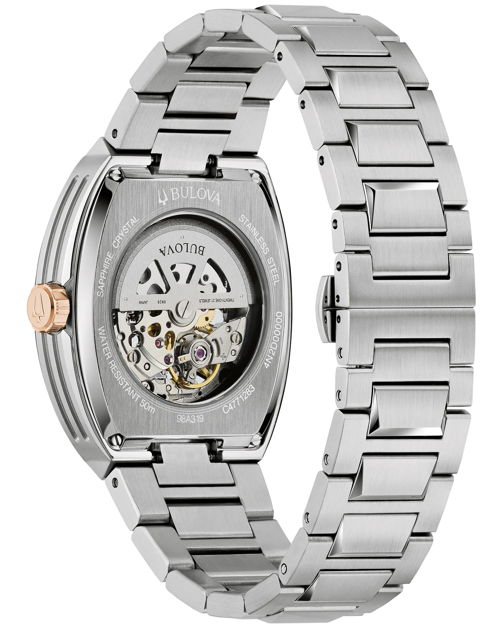Bulova Maquina Stainless Steel & Blue Bezel Watch with a Skeleton Blue Dial