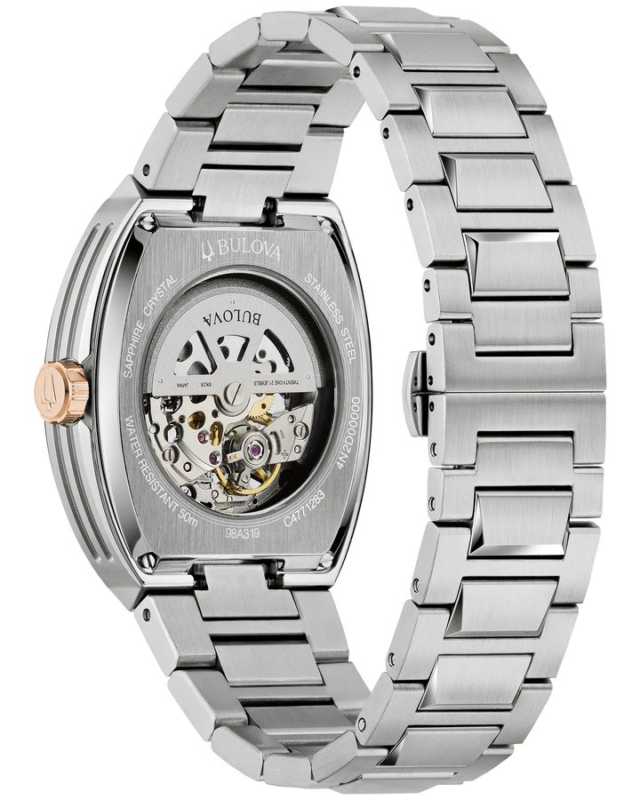 Bulova Maquina | Stainless Steel & Blue Bezel | Skeleton Blue Dial | Automatic Watch | 33mm | 98A319 - Brownee Jewelers