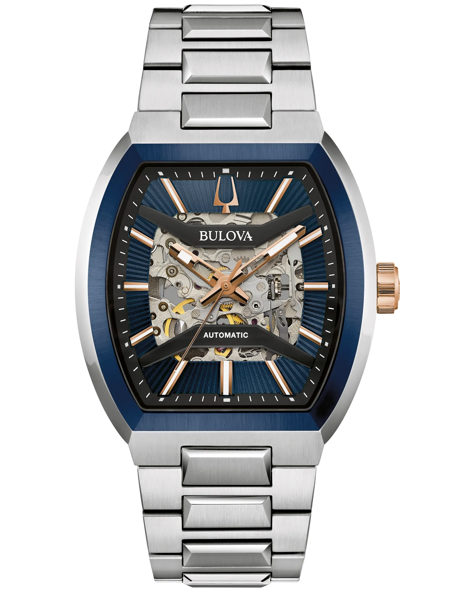 Bulova Maquina Stainless Steel & Blue Bezel Watch with a Skeleton Blue Dial