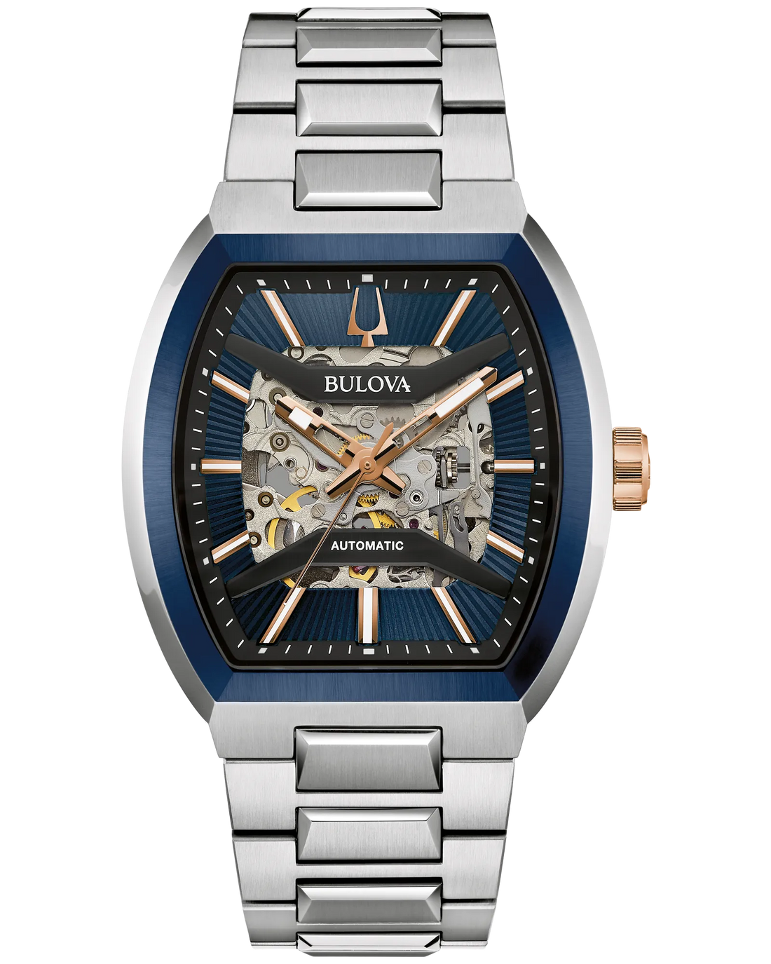 Bulova Maquina Stainless Steel & Blue Bezel Watch with a Skeleton Blue Dial