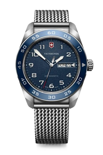 VictorInox Swiss Army Watch with a Blue Dial, Stainless Steel Mesh Bracelet, and 42mm Stainless Steel Case