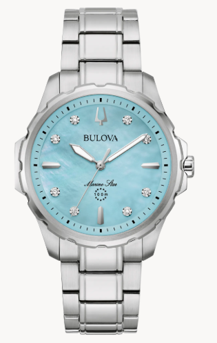 Ladies Bulova Marine Star With a Light Carolina Blue Sky Mother of Pearl Dial | 96P248 - Brownee Jewelers