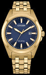 Featuring a gold-tone stainless steel case and a blue 3-hand dial encased in sapphire crystal, this men’s timepiece is a combination of functional simplicity with a touch of elegance