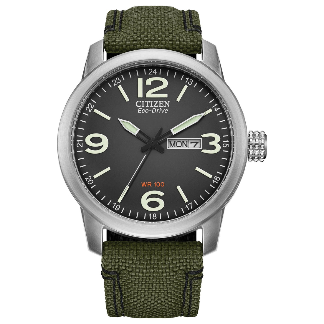 Citizen Military Watch | Men’s Eco-Drive Field Watch | Stainless Steel | Black Dial | Green Strap | Challenge Coin - Brownee Jewelers