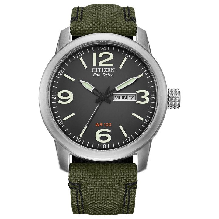 Citizen Military Watch | Men’s Eco-Drive Field Watch | Stainless Steel | Black Dial | Green Strap | Challenge Coin - Brownee Jewelers