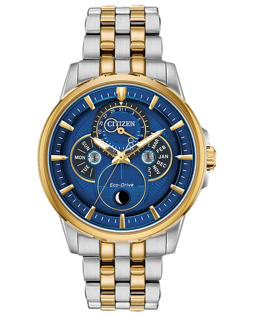 Calendrier | Citizen Eco-Drive Men’s Watch | Two-Tone Stainless Steel | Blue Dial | WR100 Multifunction | BU0054-52L - Brownee Jewelers