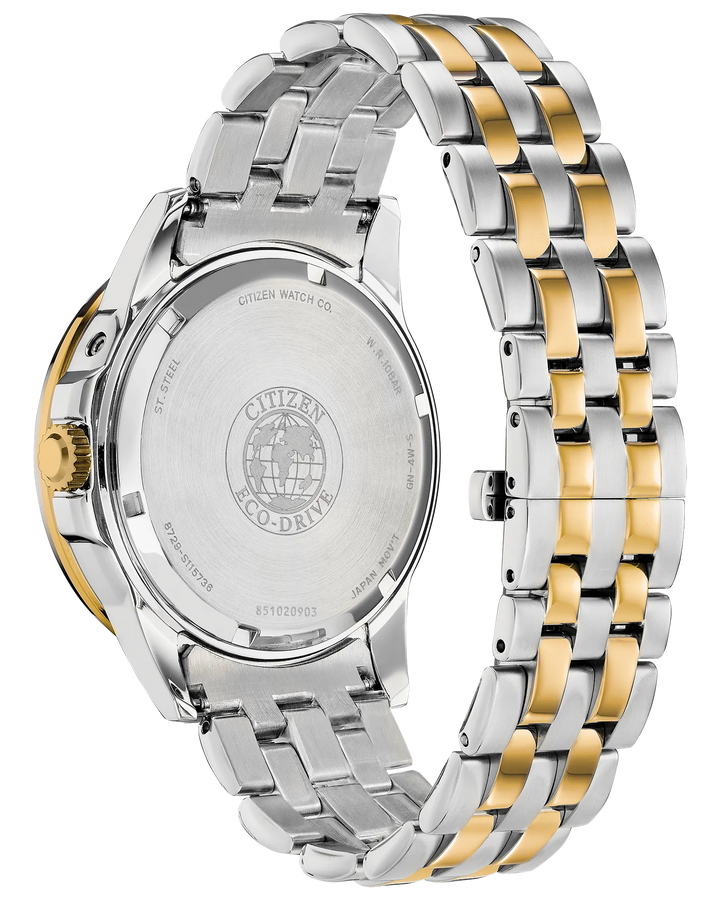 Calendrier | Citizen Eco-Drive Men’s Watch | Two-Tone Stainless Steel | Blue Dial | WR100 Multifunction | BU0054-52L - Brownee Jewelers