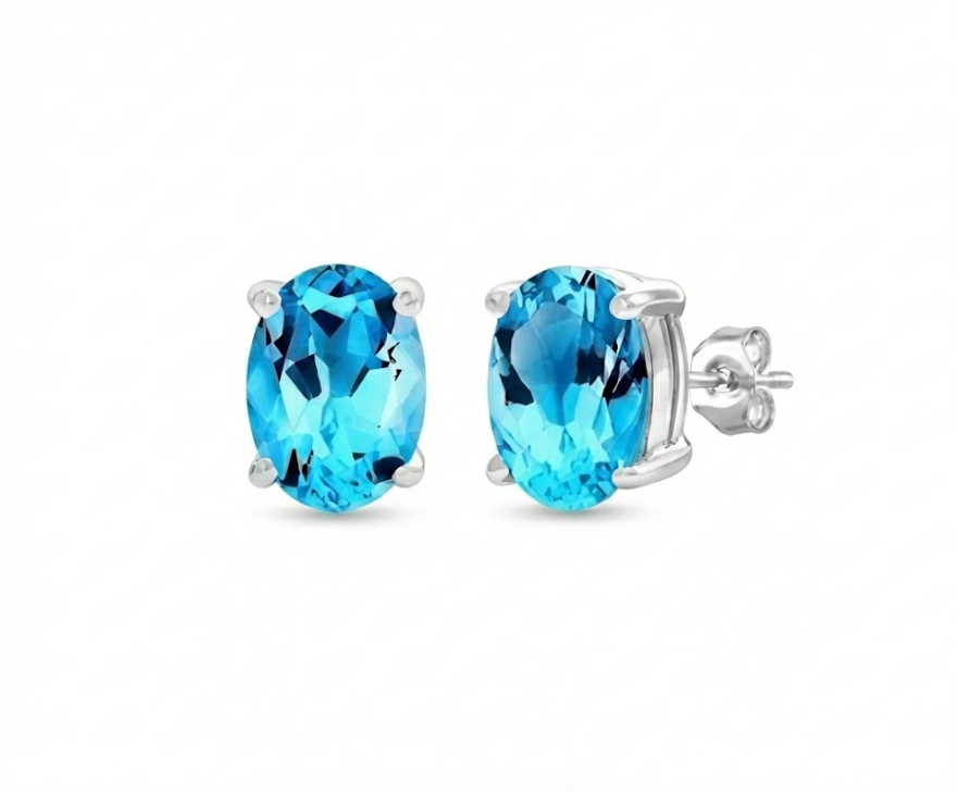 Oval Blue Topaz Stud Earrings | 14K White Gold | 7×5 mm | Push Back | - Brownee Jewelers