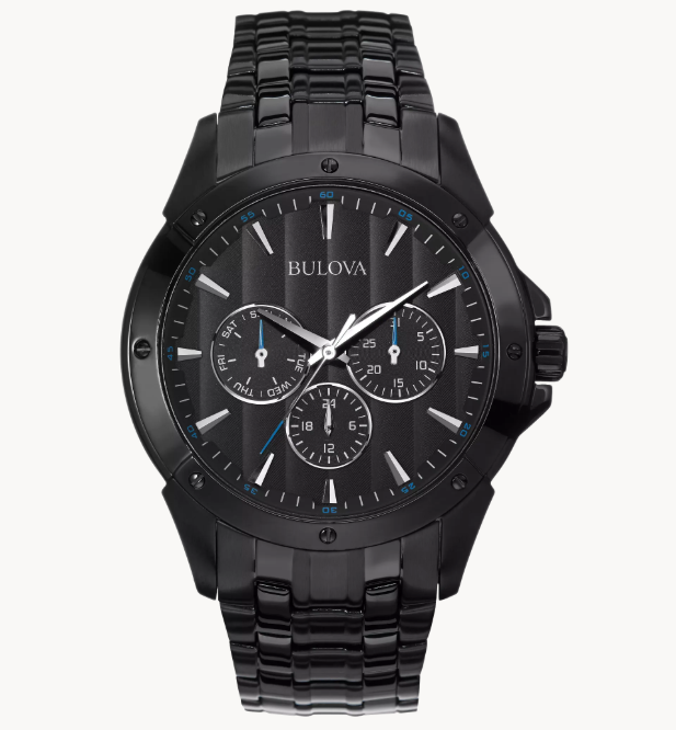 From the Classic Collection. Multifunction design in stainless steel with black ion-plated finish, patterned black dial, day, date and 24-hour sub-dials, screw-back case, and double-press fold-over clasp with safety lock.