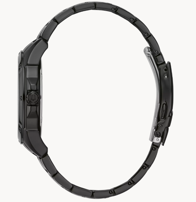 From the Classic Collection. Multifunction design in stainless steel with black ion-plated finish, patterned black dial, day, date and 24-hour sub-dials, screw-back case, and double-press fold-over clasp with safety lock.