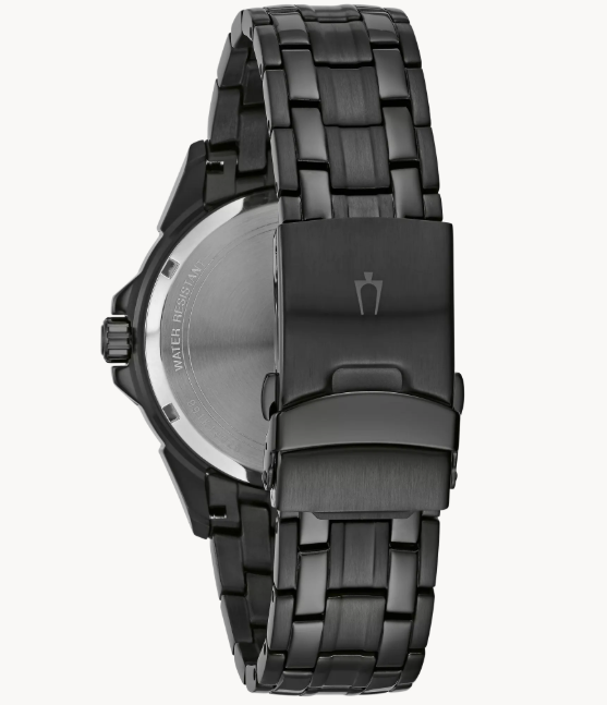 From the Classic Collection. Multifunction design in stainless steel with black ion-plated finish, patterned black dial, day, date and 24-hour sub-dials, screw-back case, and double-press fold-over clasp with safety lock.