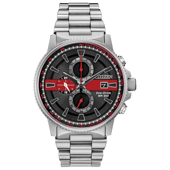 This Stainless Steel Nighthawk Chronograph features a 200 meter water resistance and tachymeter scale.