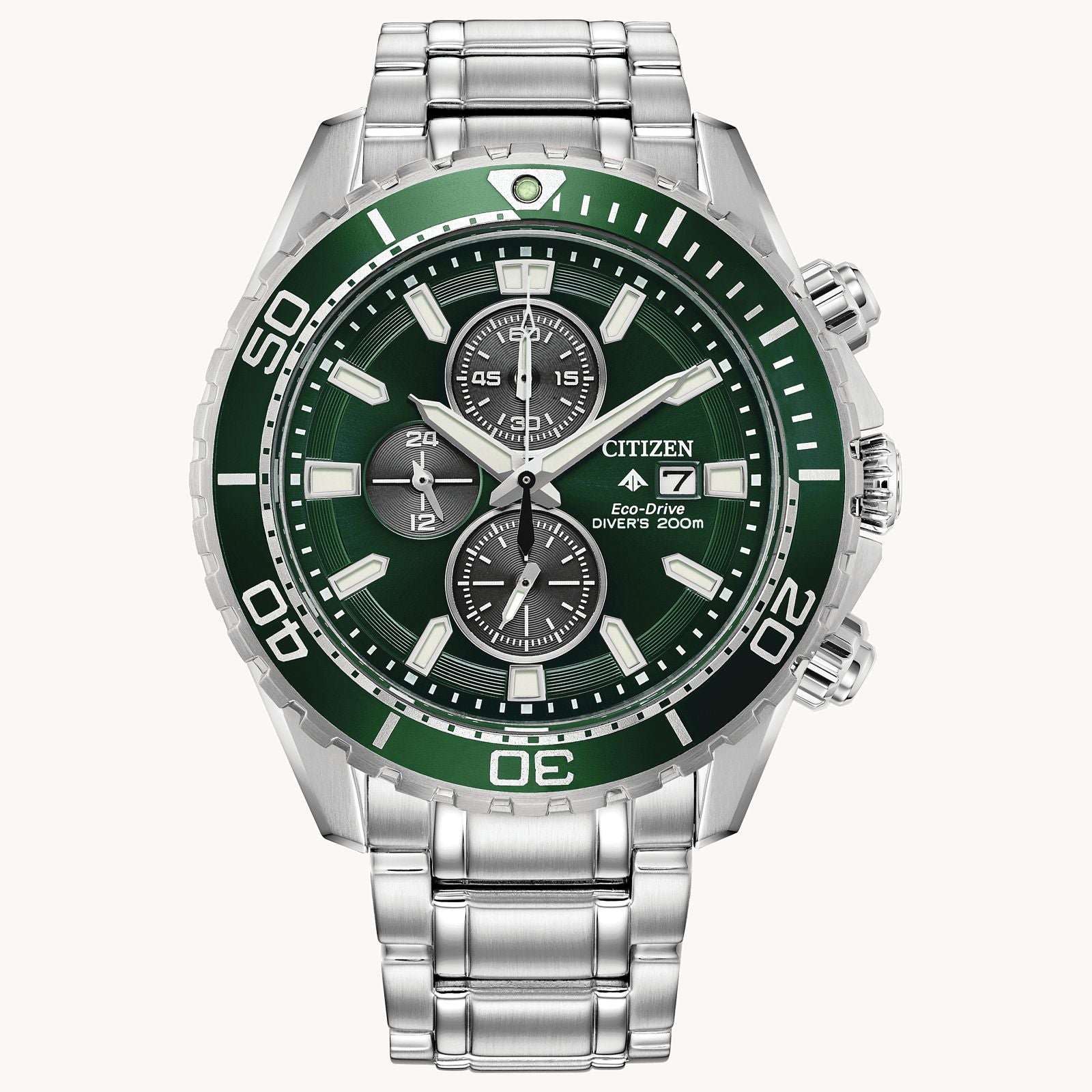 A stylish new update to the Promaster Dive Collection, featuring a silver-tone stainless steel case and bracelet with a bold green dial, a green unidirectional bezel and luminous hands and markers, this must-have dive watch also includes a 1/5 second chronograph measuring up to 60 minutes, 12/24-hour time and date function