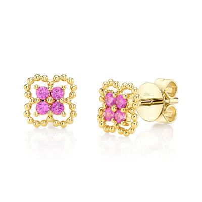 Pink Sapphire Clover Stud Earrings | 14K Yellow Gold | 0.22 ctw | Stud Earrings - Brownee Jewelers