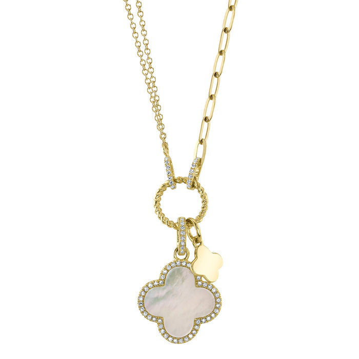  0.17CT DIAMOND & 1.36CT MOTHER OF PEARL CLOVER PAPER CLIP LINK NECKLACE IN 14K YELLOW GOLD